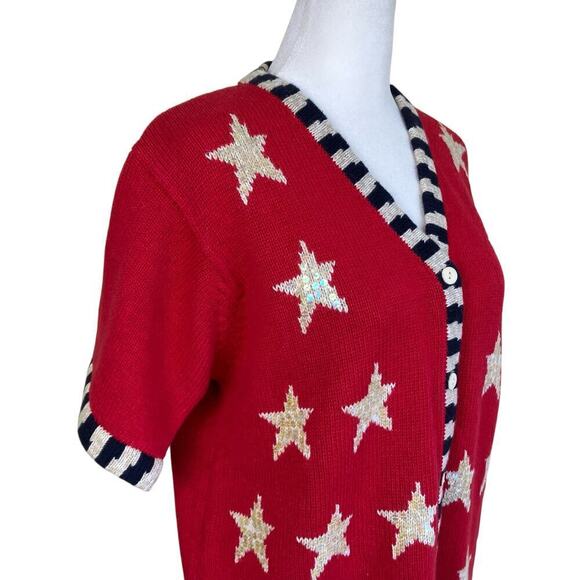 Quacker Factory Vtg USA Flag Short Sleeve Sweater Cardigan Sequins Stars Sz S - Picture 9 of 15